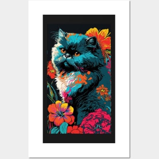 Persian Cat Vibrant Tropical Flower Tall Retro Vintage Digital Pop Art Portrait 4 Posters and Art